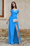 Off the Shoulder Satin Cap Sleeves Formal Evening Prom Dresses Pleated Wedding Party Gowns