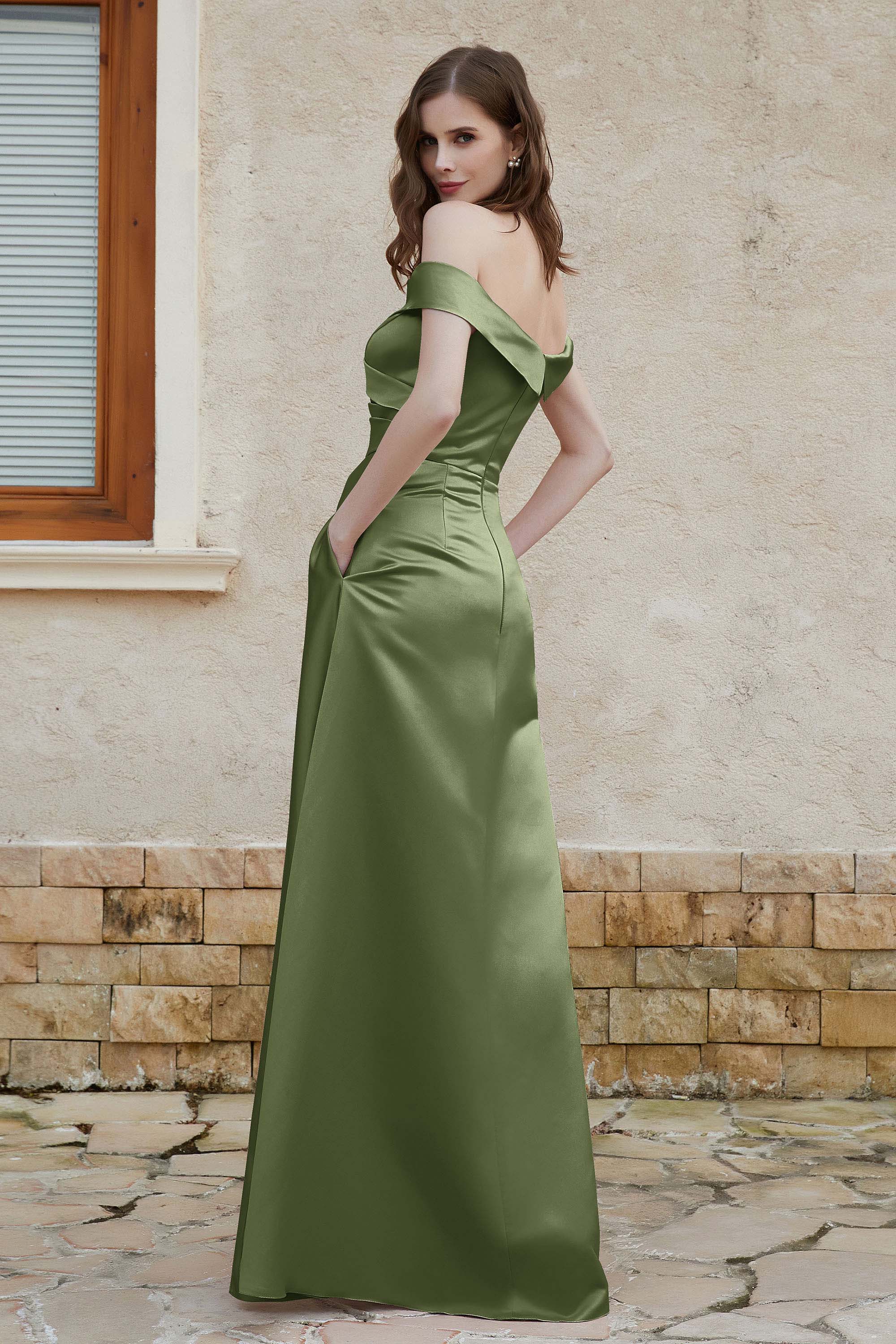 Off the Shoulder Satin Cap Sleeves Formal Evening Prom Dresses Pleated Wedding Party Gowns