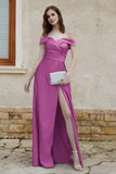 Off the Shoulder Satin Cap Sleeves Formal Evening Prom Dresses Pleated Wedding Party Gowns