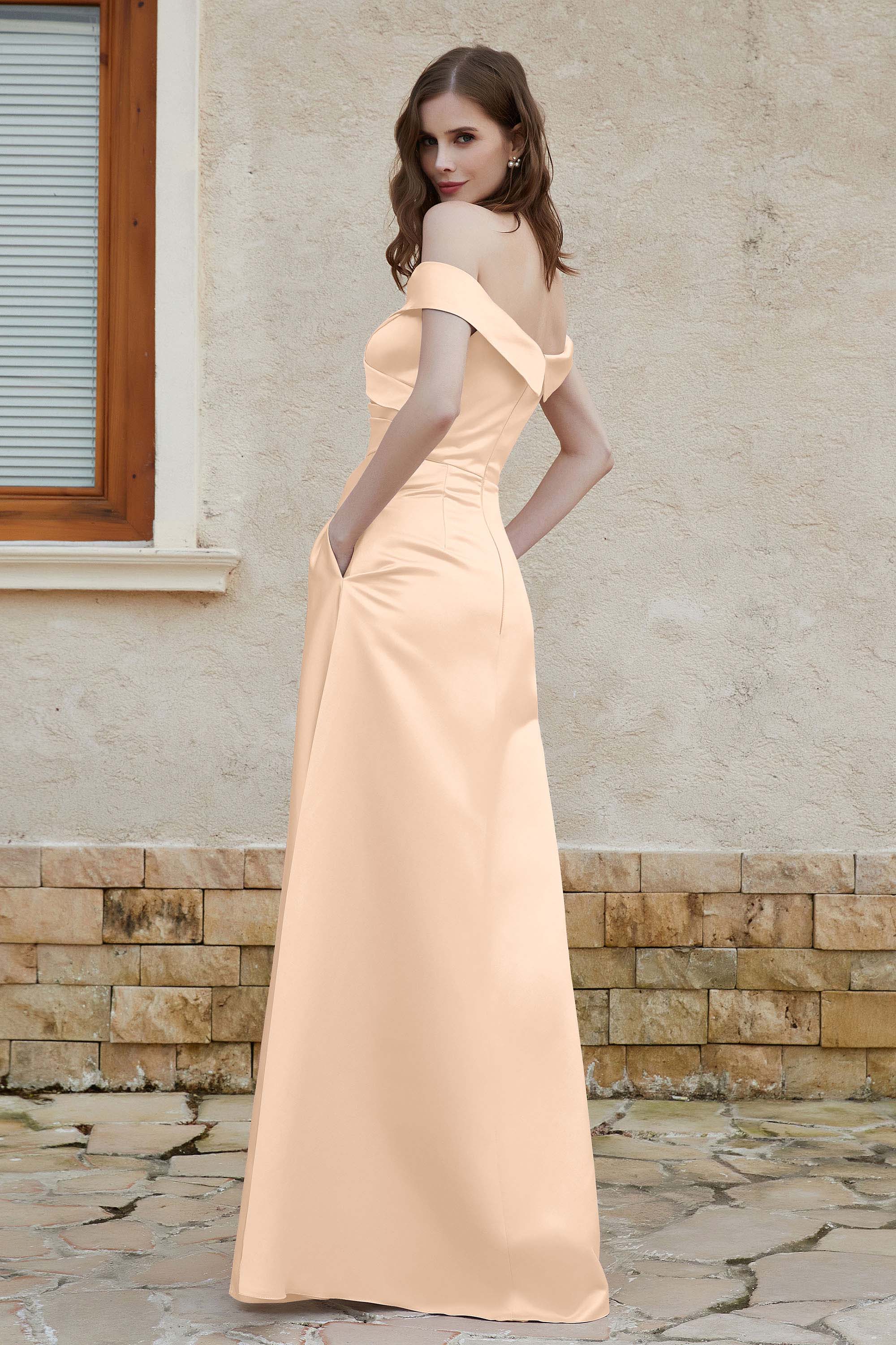 Off the Shoulder Satin Cap Sleeves Formal Evening Prom Dresses Pleated Wedding Party Gowns