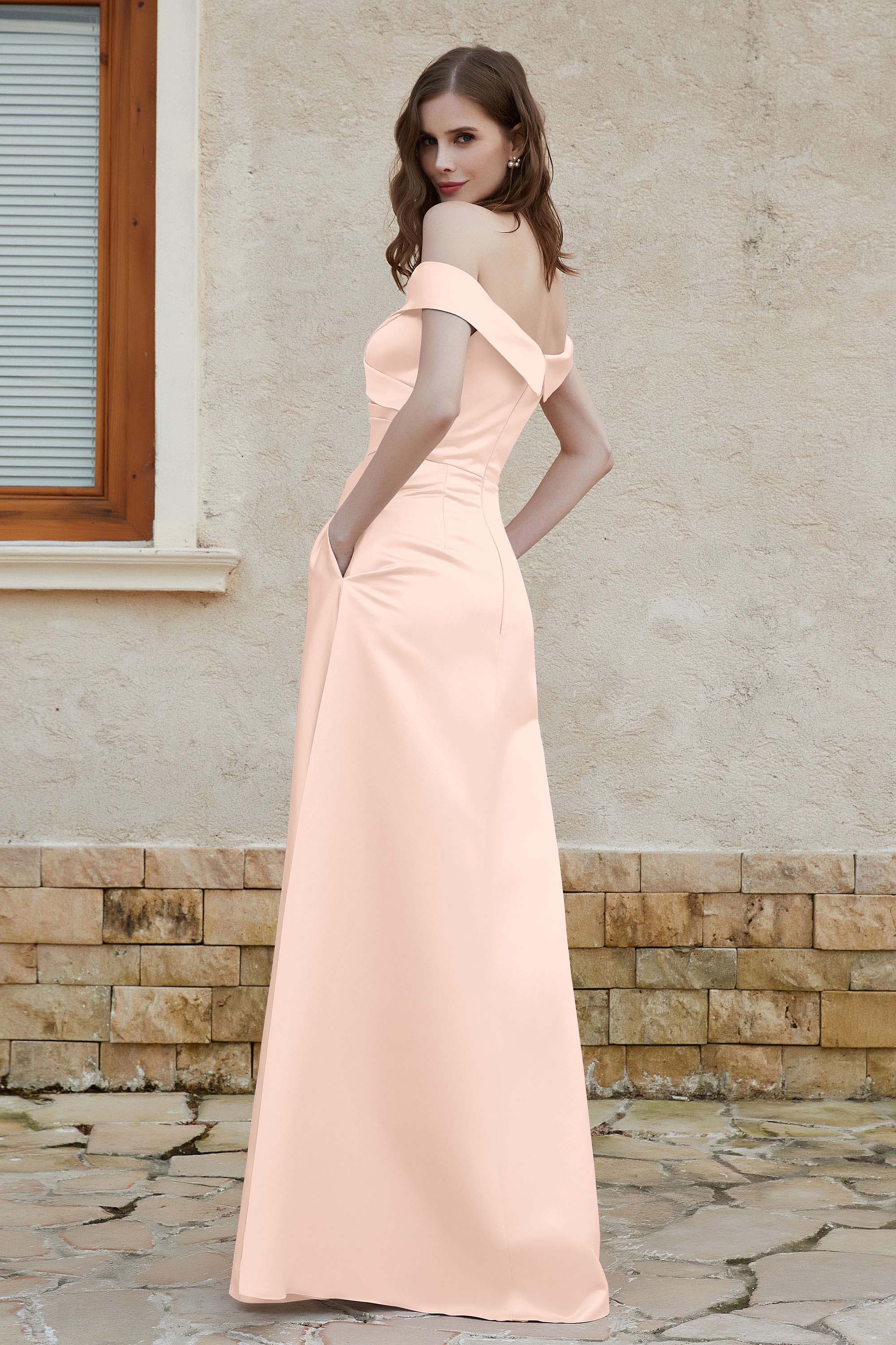 Off the Shoulder Satin Cap Sleeves Formal Evening Prom Dresses Pleated Wedding Party Gowns