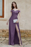 Off the Shoulder Satin Cap Sleeves Formal Evening Prom Dresses Pleated Wedding Party Gowns