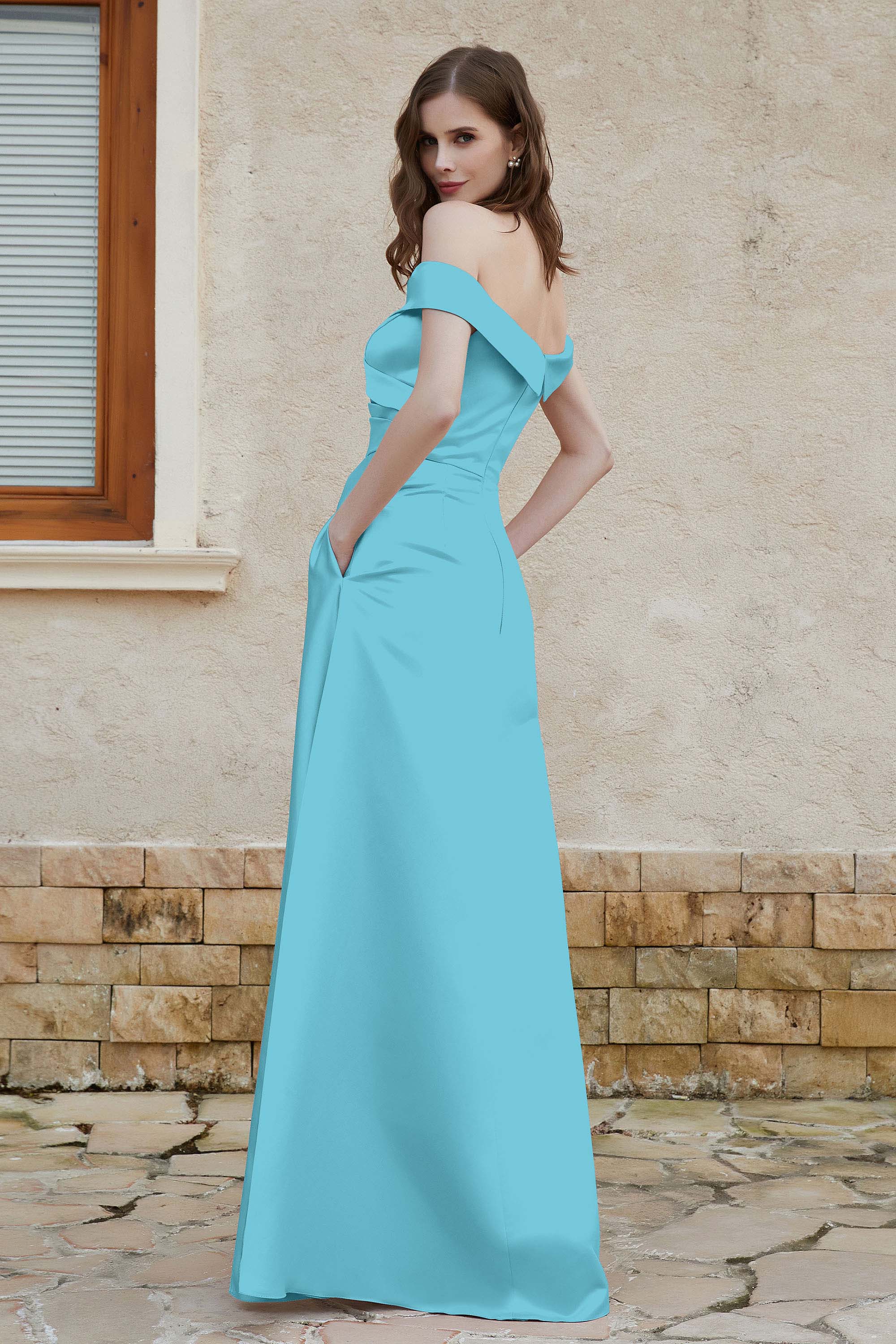 Off the Shoulder Satin Cap Sleeves Formal Evening Prom Dresses Pleated Wedding Party Gowns