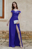 Off the Shoulder Satin Cap Sleeves Formal Evening Prom Dresses Pleated Wedding Party Gowns