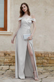 Off the Shoulder Satin Cap Sleeves Formal Evening Prom Dresses Pleated Wedding Party Gowns