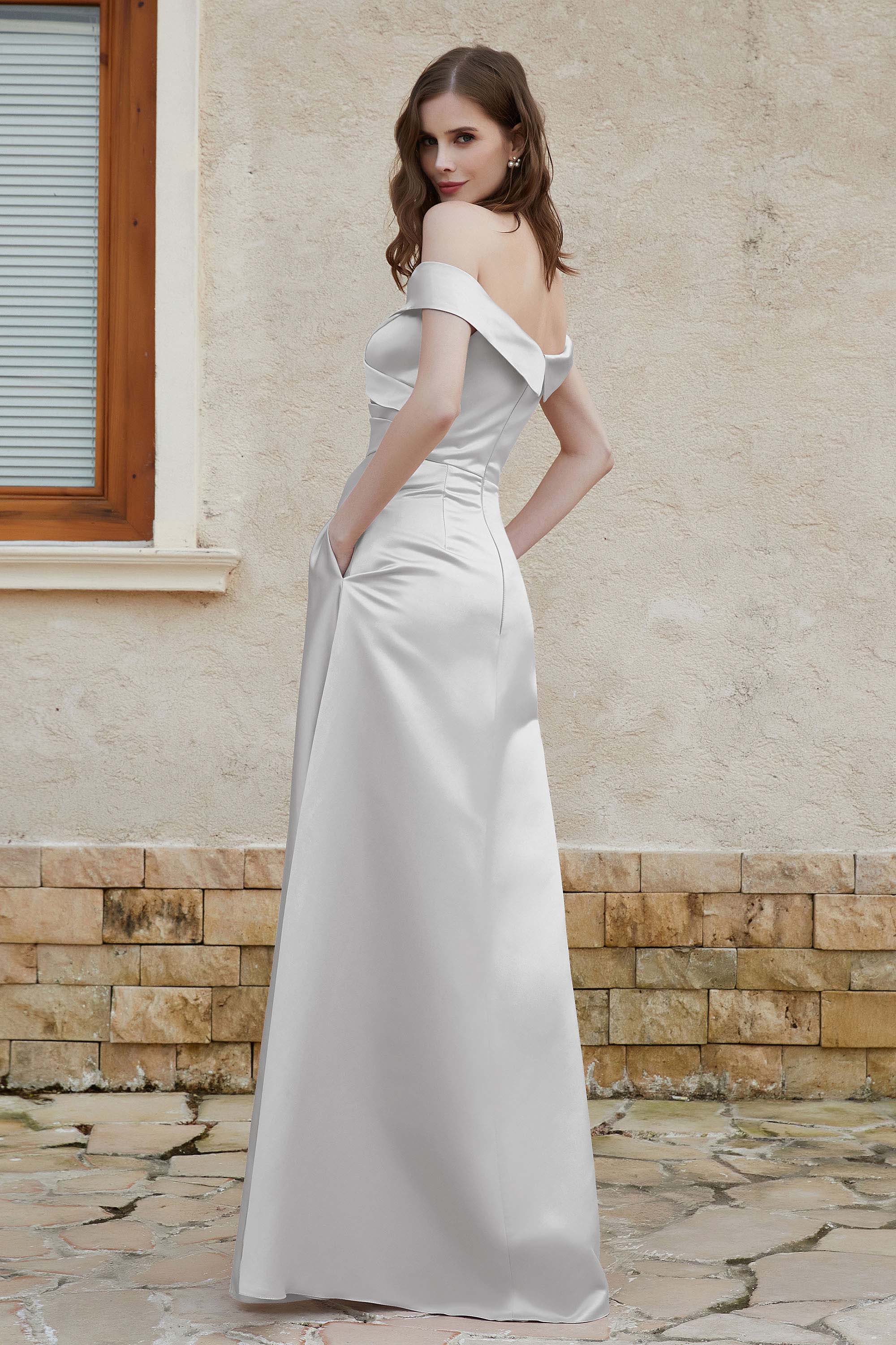 Off the Shoulder Satin Cap Sleeves Formal Evening Prom Dresses Pleated Wedding Party Gowns