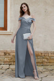 Off the Shoulder Satin Cap Sleeves Formal Evening Prom Dresses Pleated Wedding Party Gowns