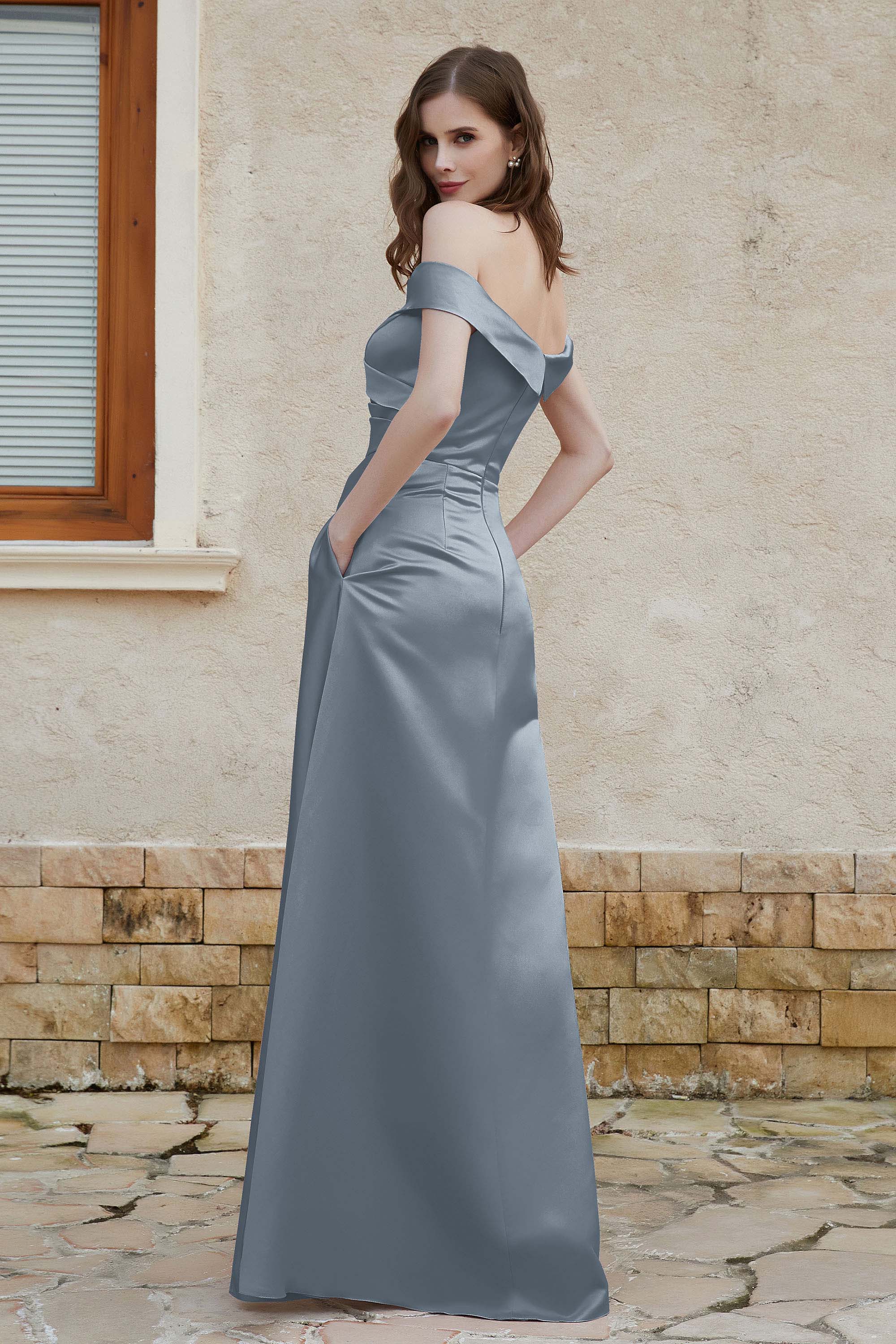 Off the Shoulder Satin Cap Sleeves Formal Evening Prom Dresses Pleated Wedding Party Gowns