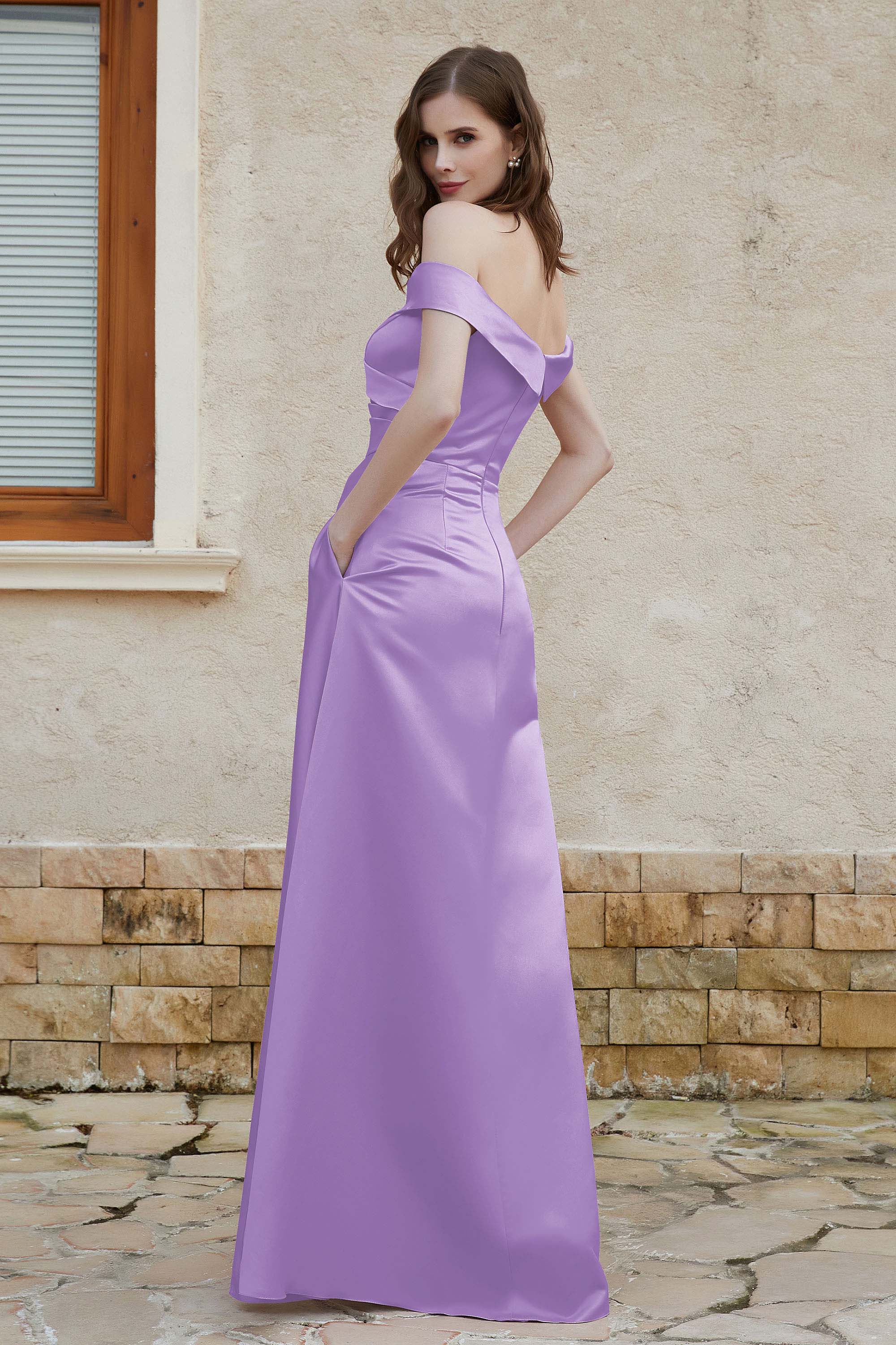 Off the Shoulder Satin Cap Sleeves Formal Evening Prom Dresses Pleated Wedding Party Gowns