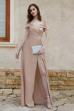 Off the Shoulder Satin Cap Sleeves Formal Evening Prom Dresses Pleated Wedding Party Gowns