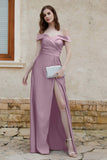 Off the Shoulder Satin Cap Sleeves Formal Evening Prom Dresses Pleated Wedding Party Gowns