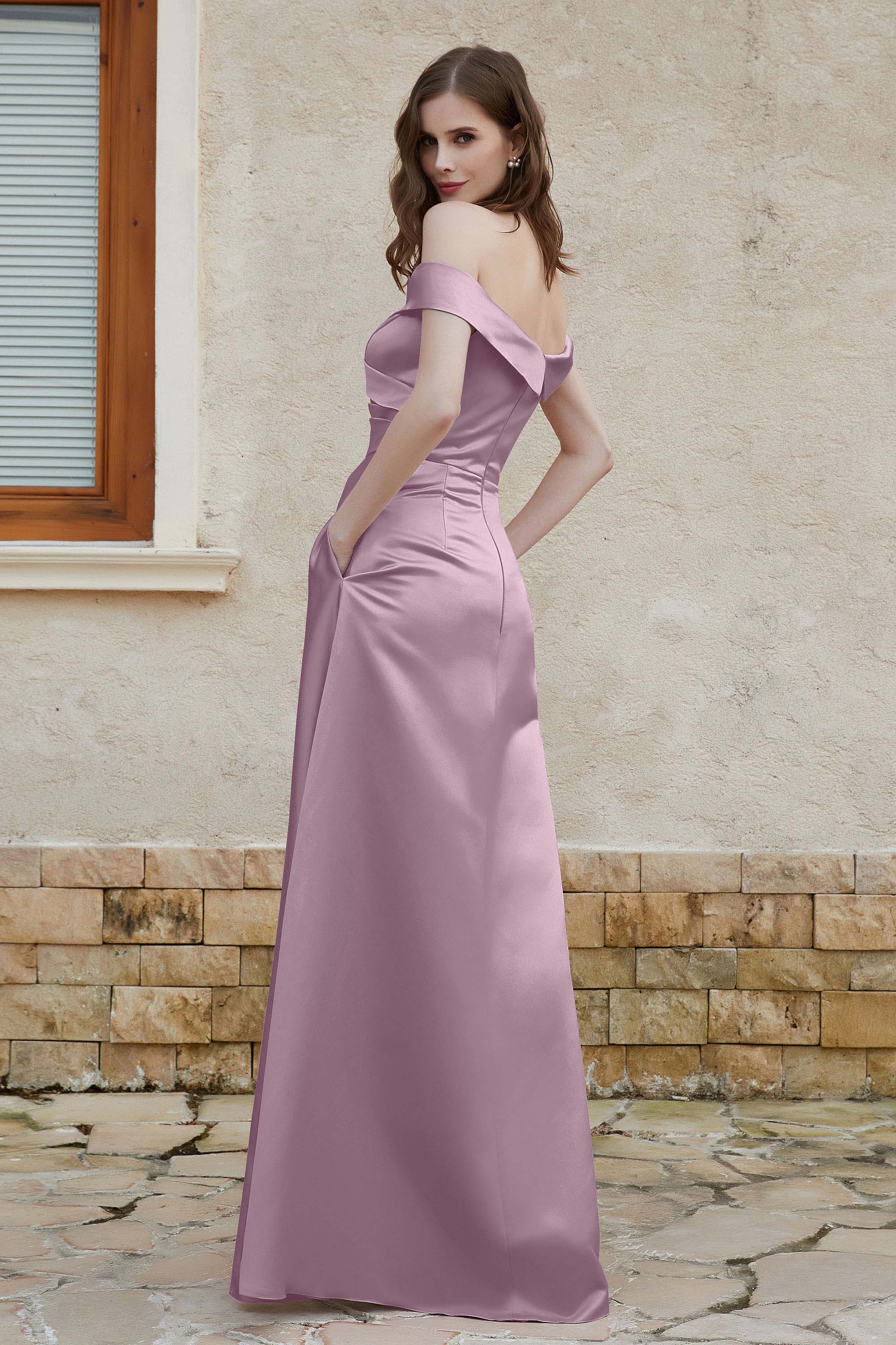 Off the Shoulder Satin Cap Sleeves Formal Evening Prom Dresses Pleated Wedding Party Gowns