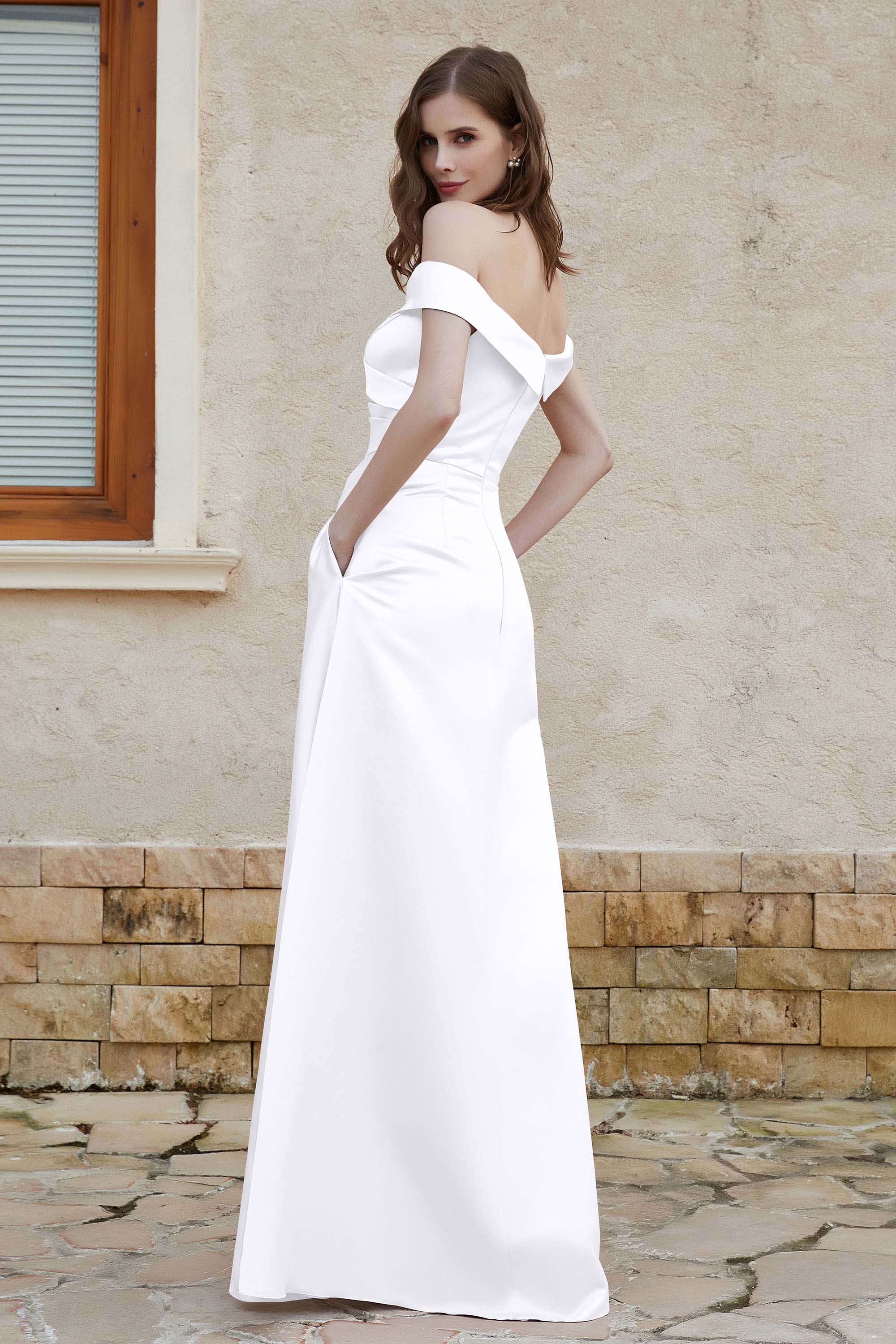Off the Shoulder Satin Cap Sleeves Formal Evening Prom Dresses Pleated Wedding Party Gowns
