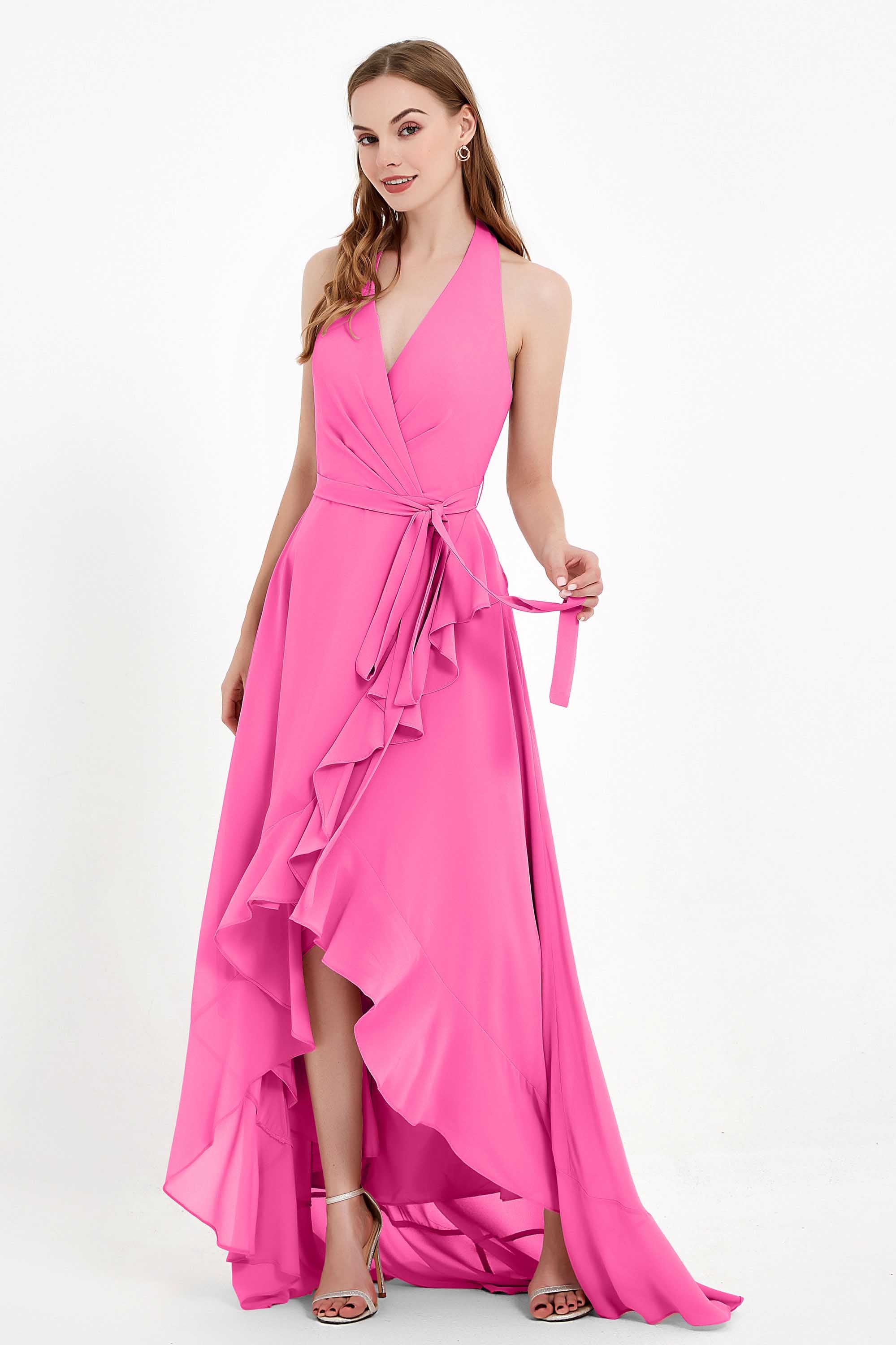 High Low Chiffon Halter Bridesmaid Dress Slit V neck Formal Prom Evening Dresses Gowns