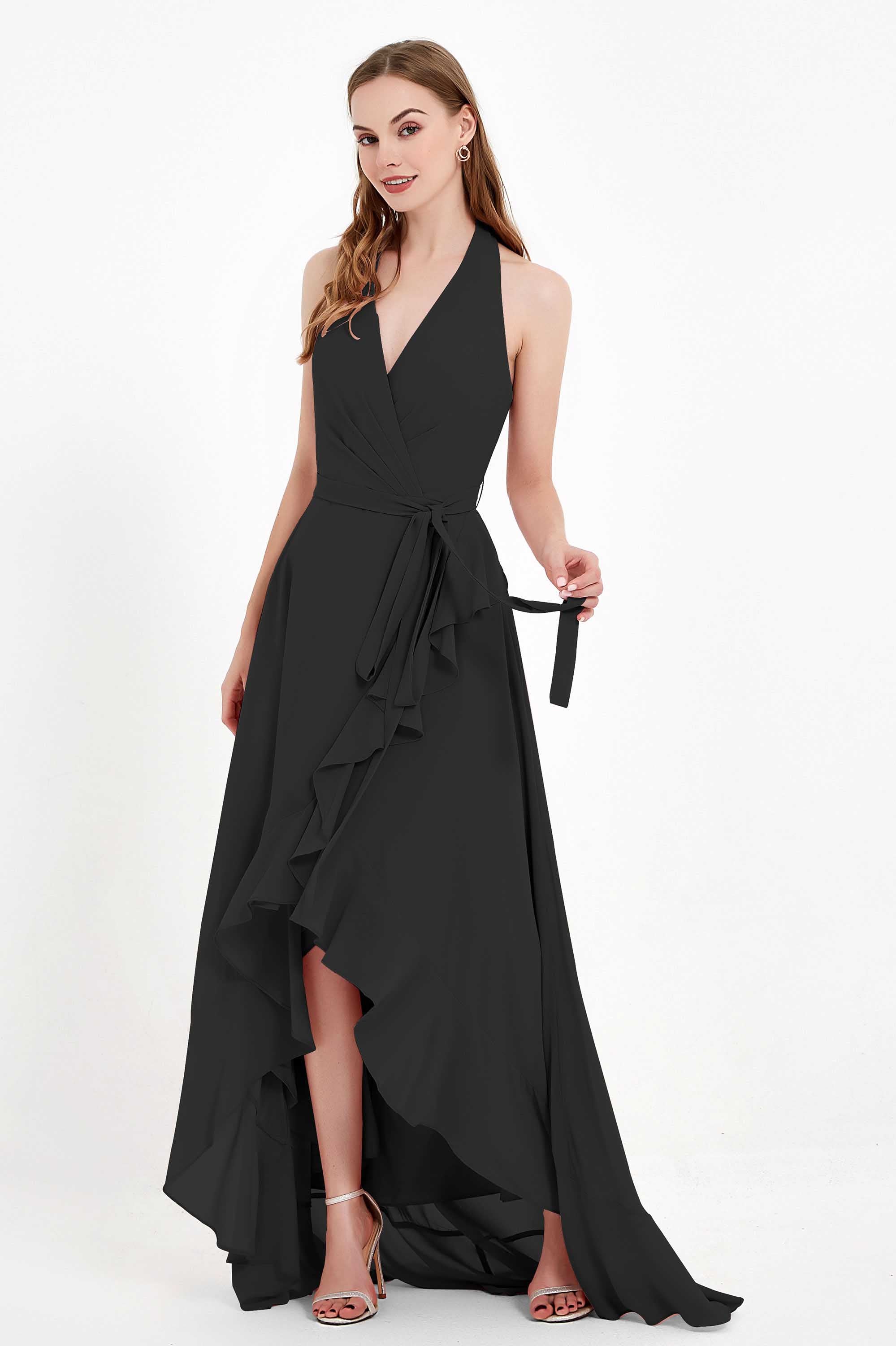 High Low Chiffon Halter Bridesmaid Dress Slit V neck Formal Prom Evening Dresses Gowns