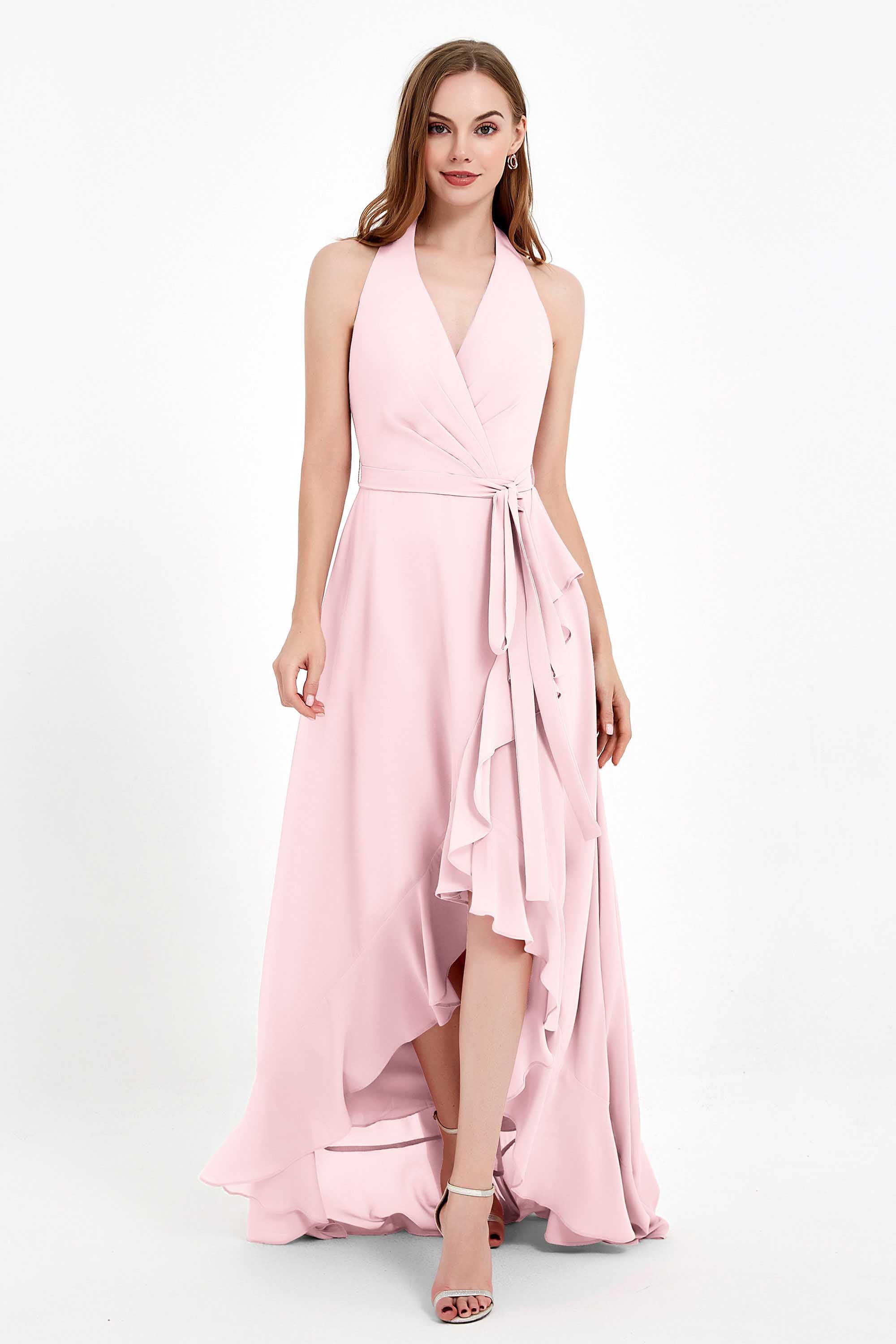 High Low Chiffon Halter Bridesmaid Dress Slit V neck Formal Prom Evening Dresses Gowns