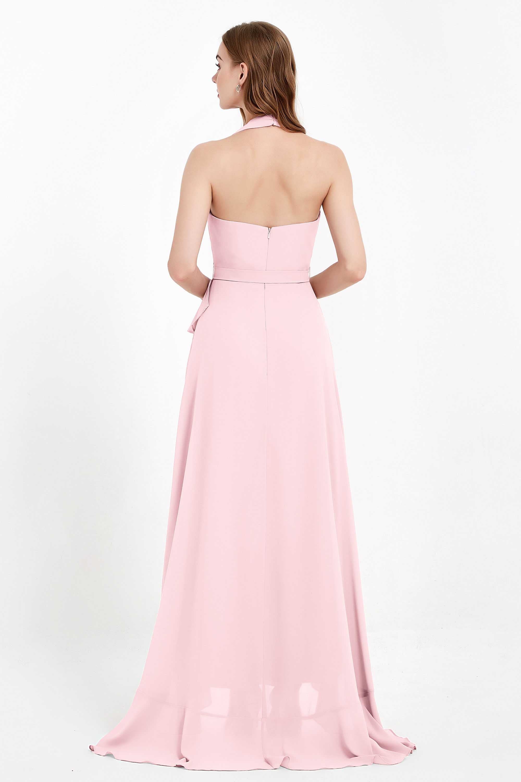 High Low Chiffon Halter Bridesmaid Dress Slit V neck Formal Prom Evening Dresses Gowns