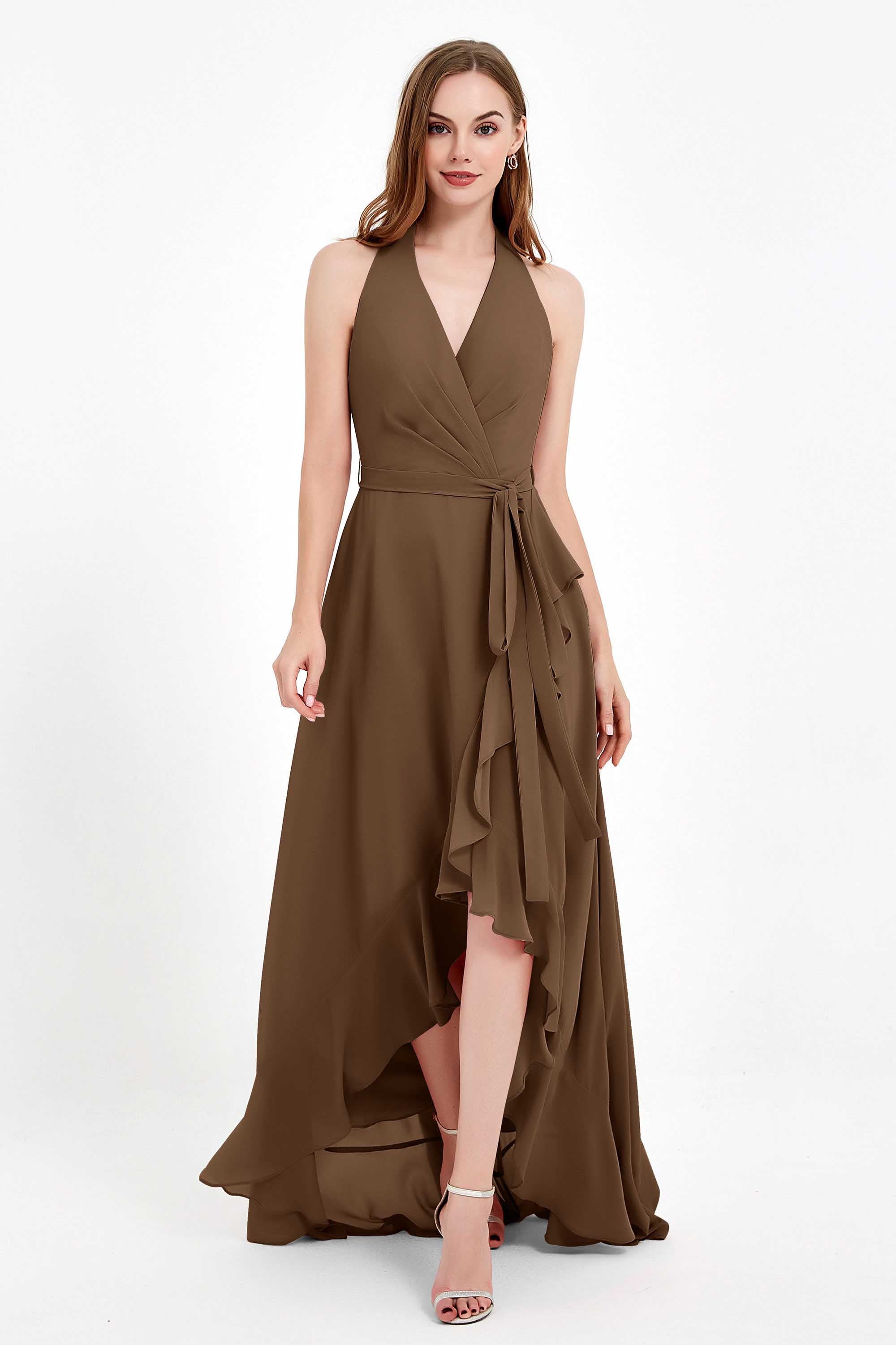 High Low Chiffon Halter Bridesmaid Dress Slit V neck Formal Prom Evening Dresses Gowns