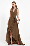 High Low Chiffon Halter Bridesmaid Dress Slit V neck Formal Prom Evening Dresses Gowns