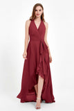 High Low Chiffon Halter Bridesmaid Dress Slit V neck Formal Prom Evening Dresses Gowns