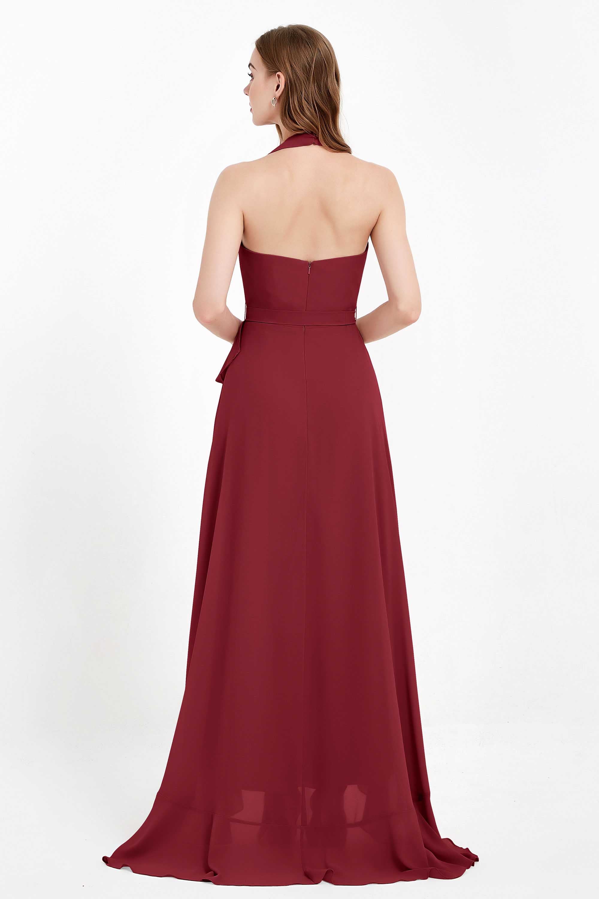 High Low Chiffon Halter Bridesmaid Dress Slit V neck Formal Prom Evening Dresses Gowns