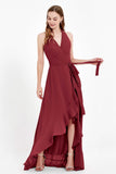 High Low Chiffon Halter Bridesmaid Dress Slit V neck Formal Prom Evening Dresses Gowns