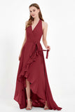 High Low Chiffon Halter Bridesmaid Dress Slit V neck Formal Prom Evening Dresses Gowns