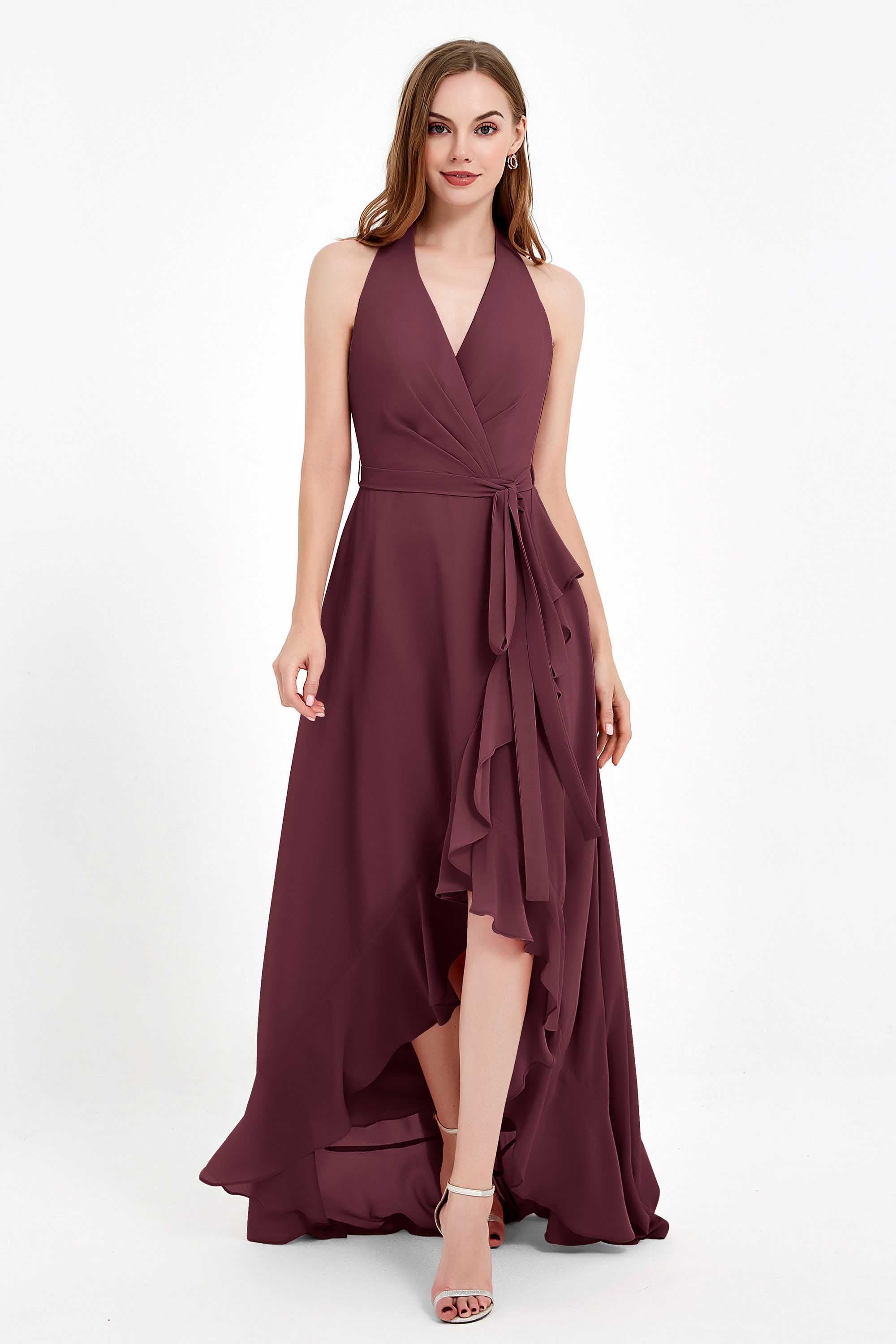 High Low Chiffon Halter Bridesmaid Dress Slit V neck Formal Prom Evening Dresses Gowns