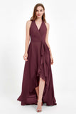 High Low Chiffon Halter Bridesmaid Dress Slit V neck Formal Prom Evening Dresses Gowns