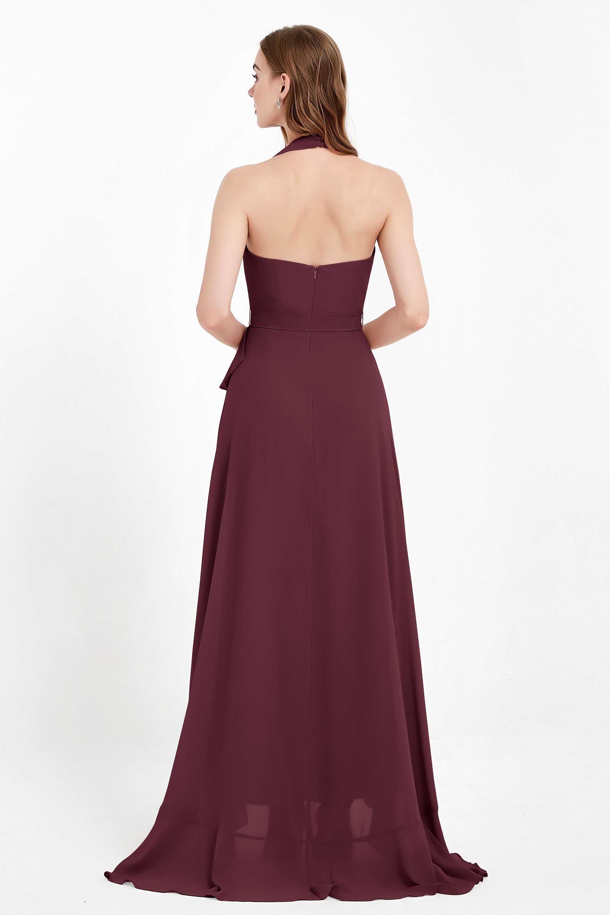 High Low Chiffon Halter Bridesmaid Dress Slit V neck Formal Prom Evening Dresses Gowns