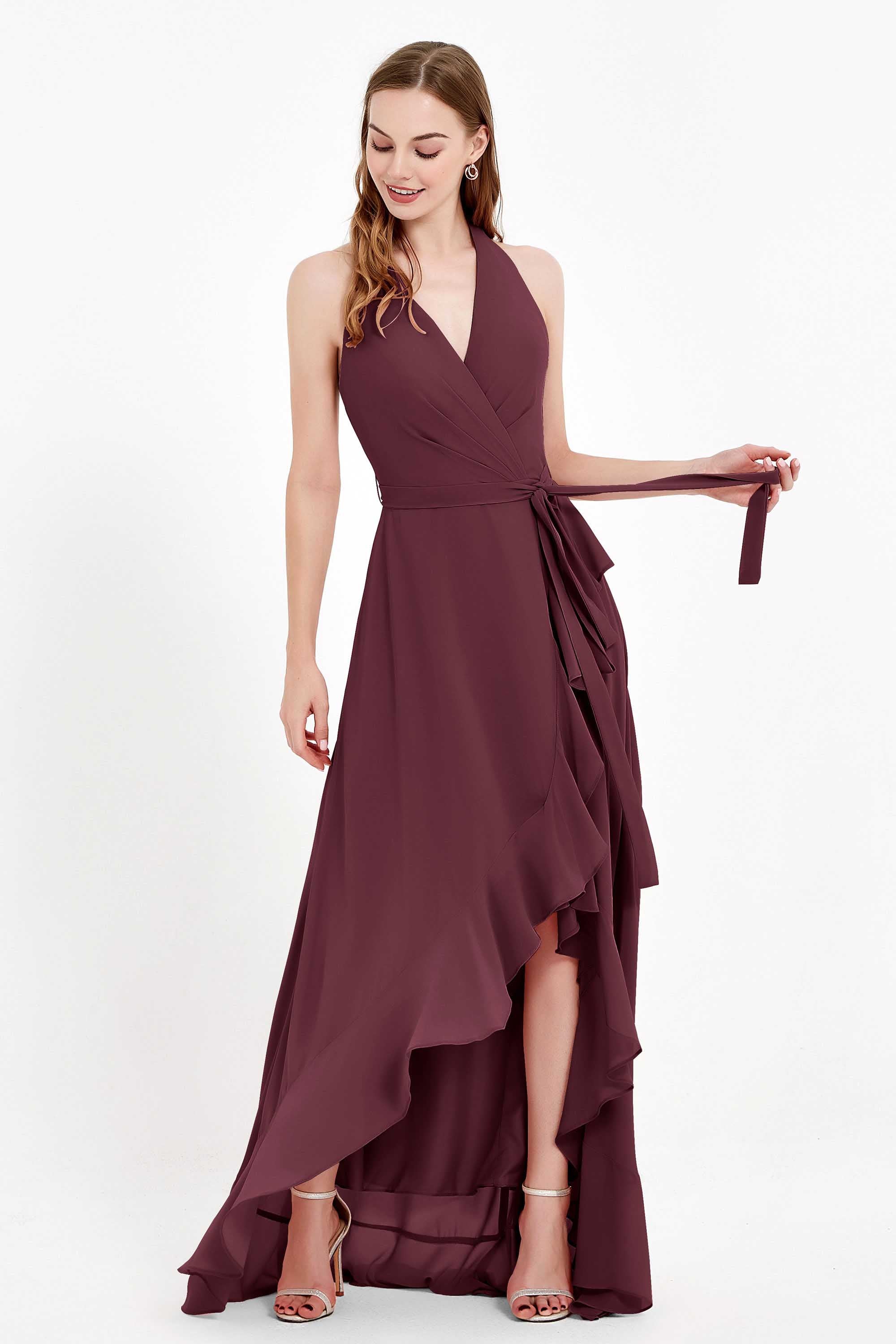 High Low Chiffon Halter Bridesmaid Dress Slit V neck Formal Prom Evening Dresses Gowns