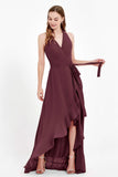 High Low Chiffon Halter Bridesmaid Dress Slit V neck Formal Prom Evening Dresses Gowns