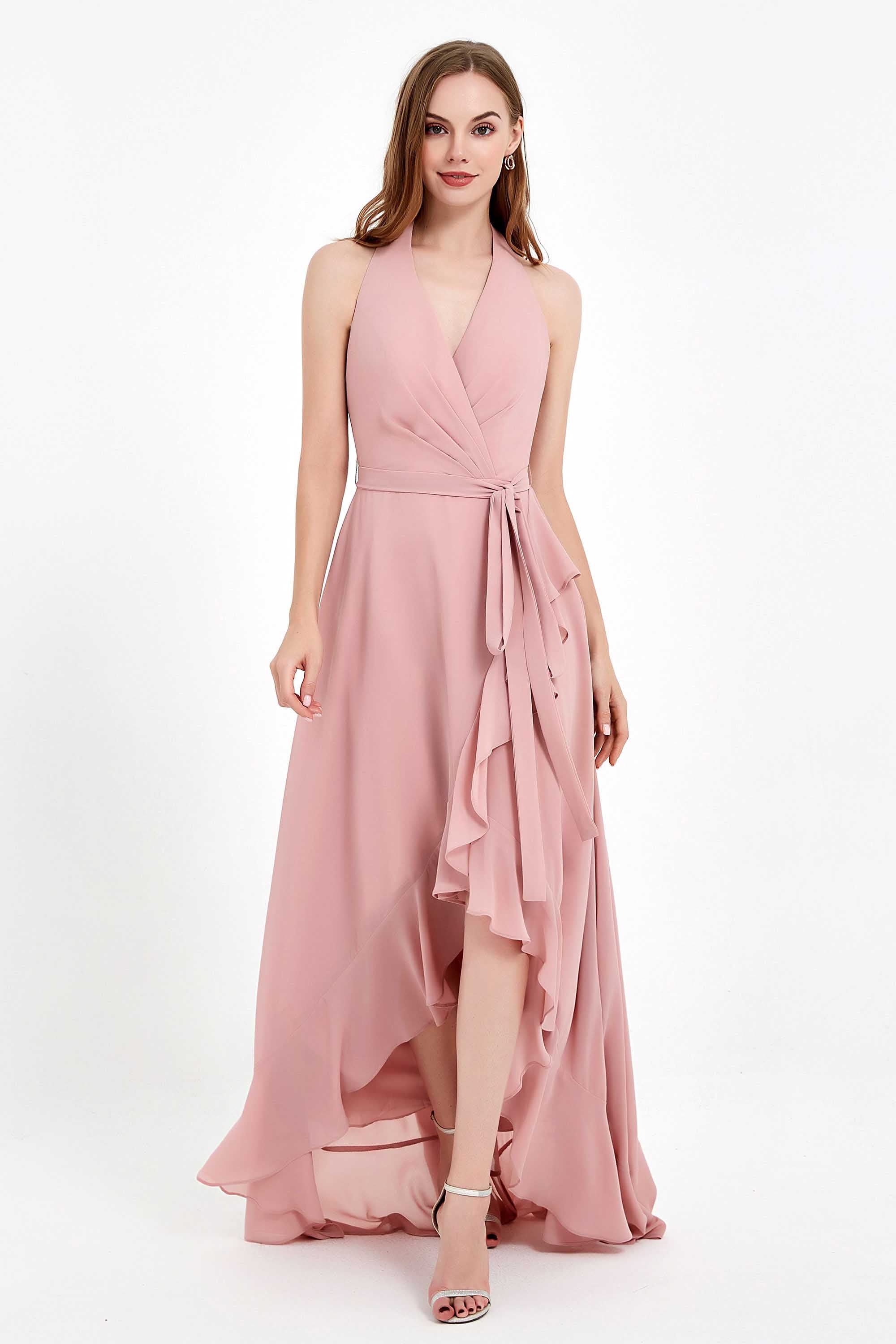 High Low Chiffon Halter Bridesmaid Dress Slit V neck Formal Prom Evening Dresses Gowns