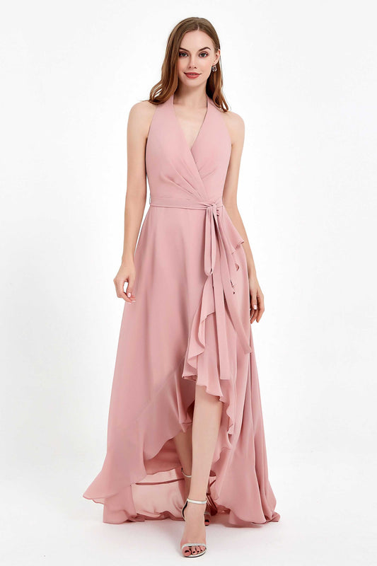 High Low Chiffon Halter Bridesmaid Dress Slit V neck Formal Prom Evening Dresses Gowns