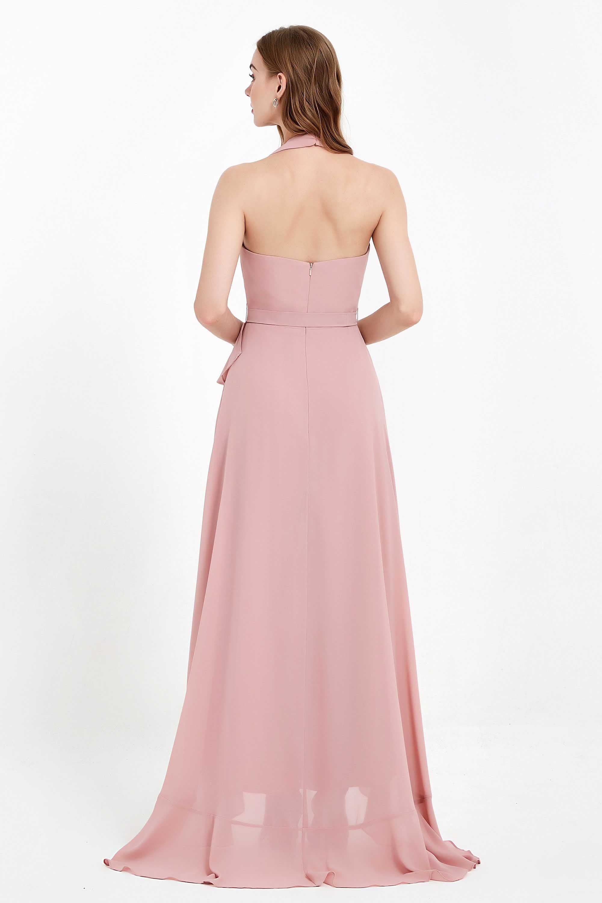 High Low Chiffon Halter Bridesmaid Dress Slit V neck Formal Prom Evening Dresses Gowns