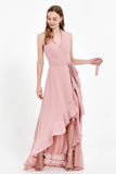 High Low Chiffon Halter Bridesmaid Dress Slit V neck Formal Prom Evening Dresses Gowns