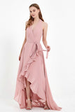 High Low Chiffon Halter Bridesmaid Dress Slit V neck Formal Prom Evening Dresses Gowns