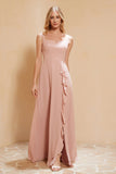 Square Chiffon Sleeveless Bridesmaid Dress Long Formal Evening Dresses with Slit