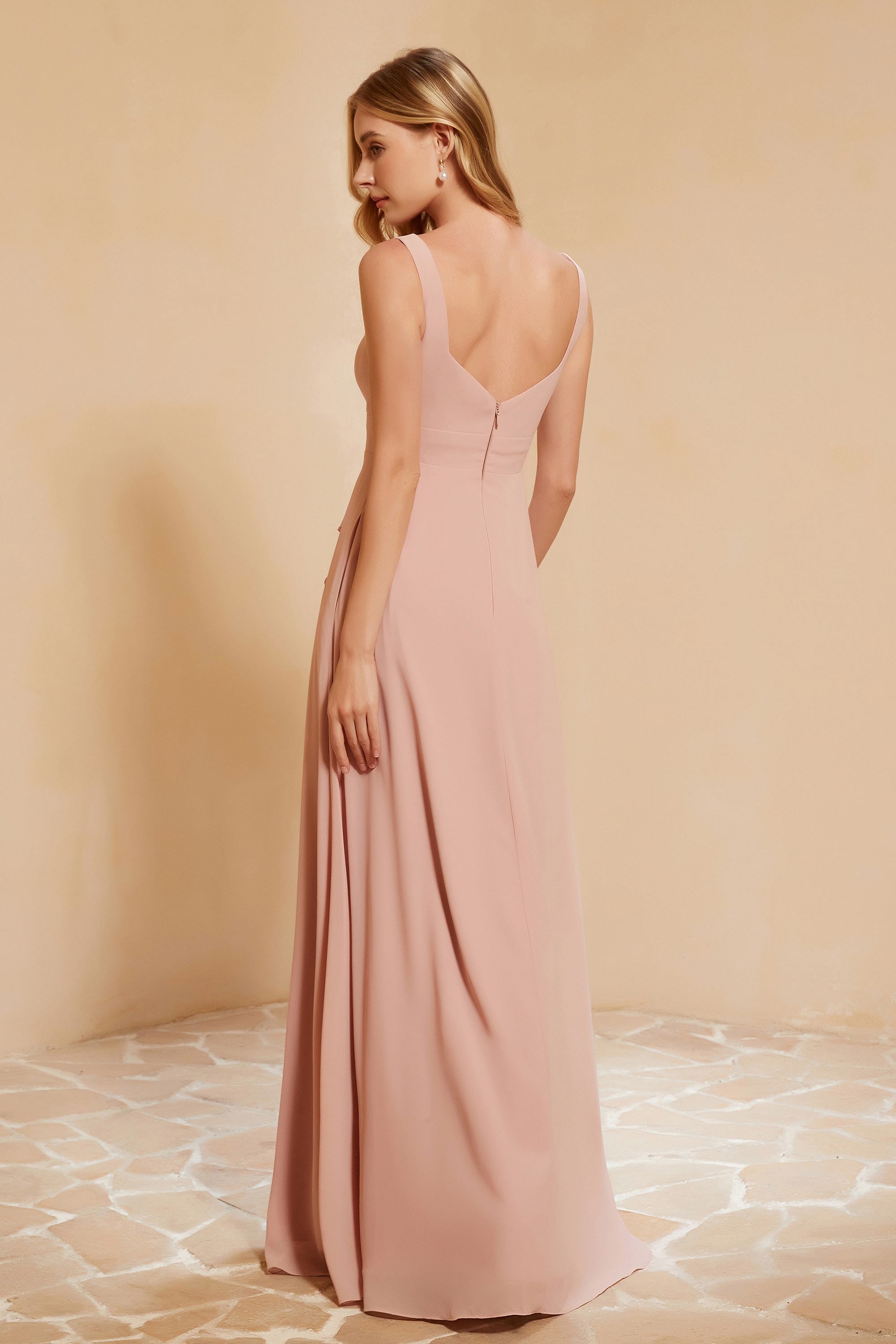 Square Chiffon Sleeveless Bridesmaid Dress Long Formal Evening Dresses with Slit