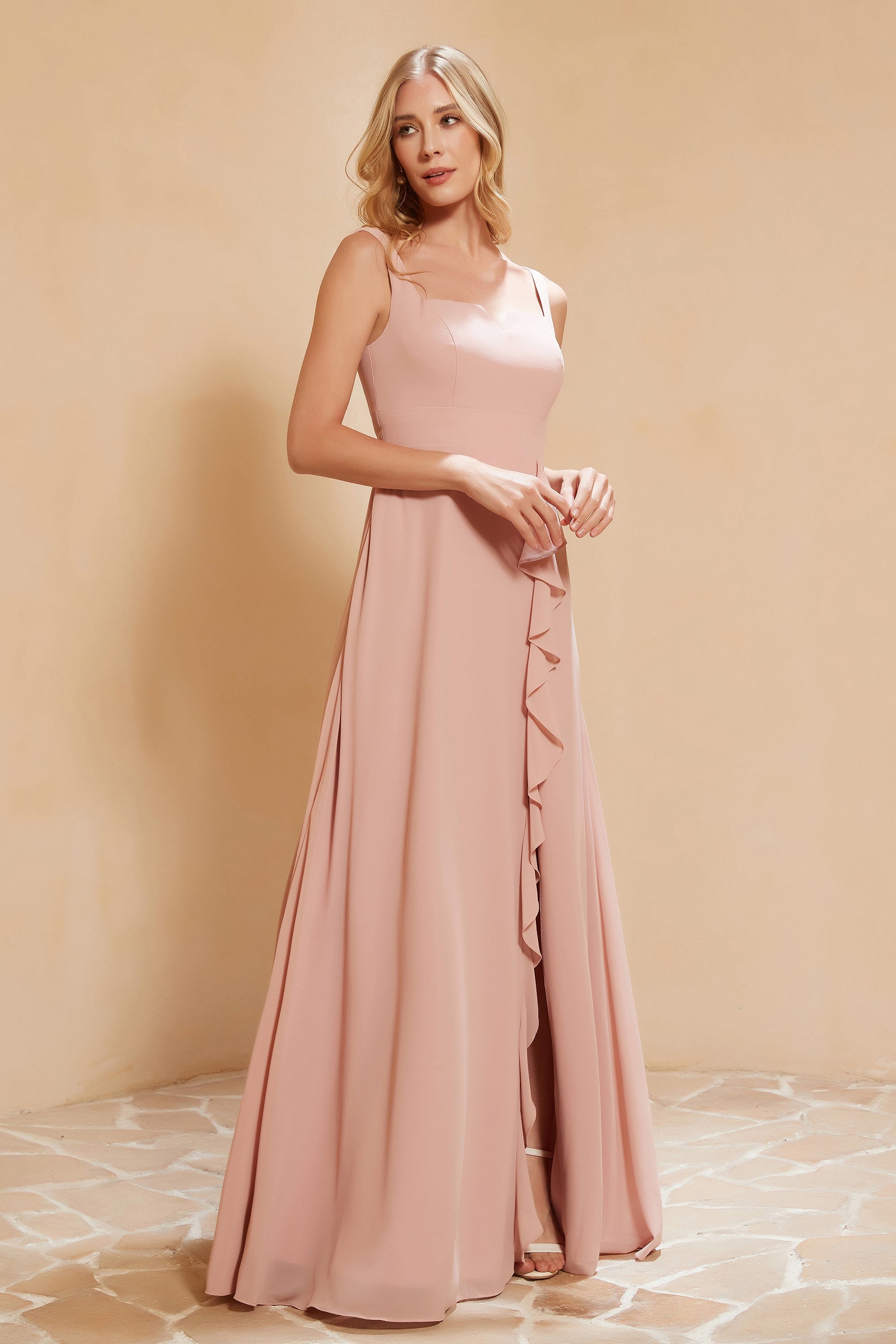 Square Chiffon Sleeveless Bridesmaid Dress Long Formal Evening Dresses with Slit