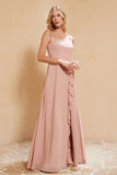 Square Chiffon Sleeveless Bridesmaid Dress Long Formal Evening Dresses with Slit