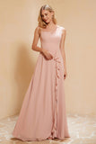 Square Chiffon Sleeveless Bridesmaid Dress Long Formal Evening Dresses with Slit