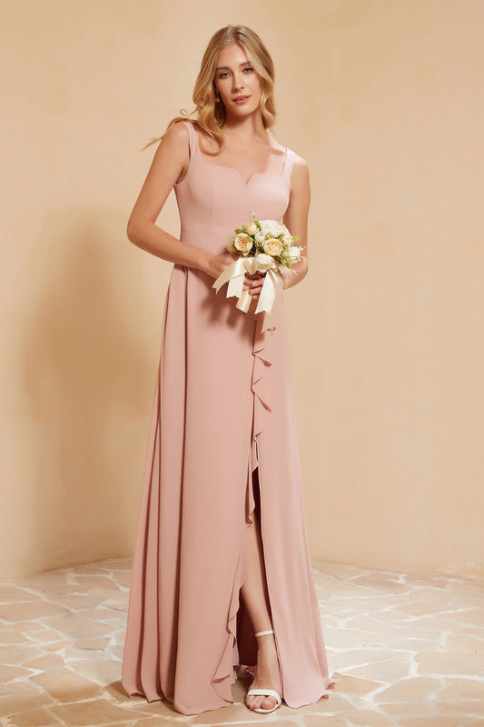 Square Chiffon Sleeveless Bridesmaid Dress Long Formal Evening Dresses with Slit