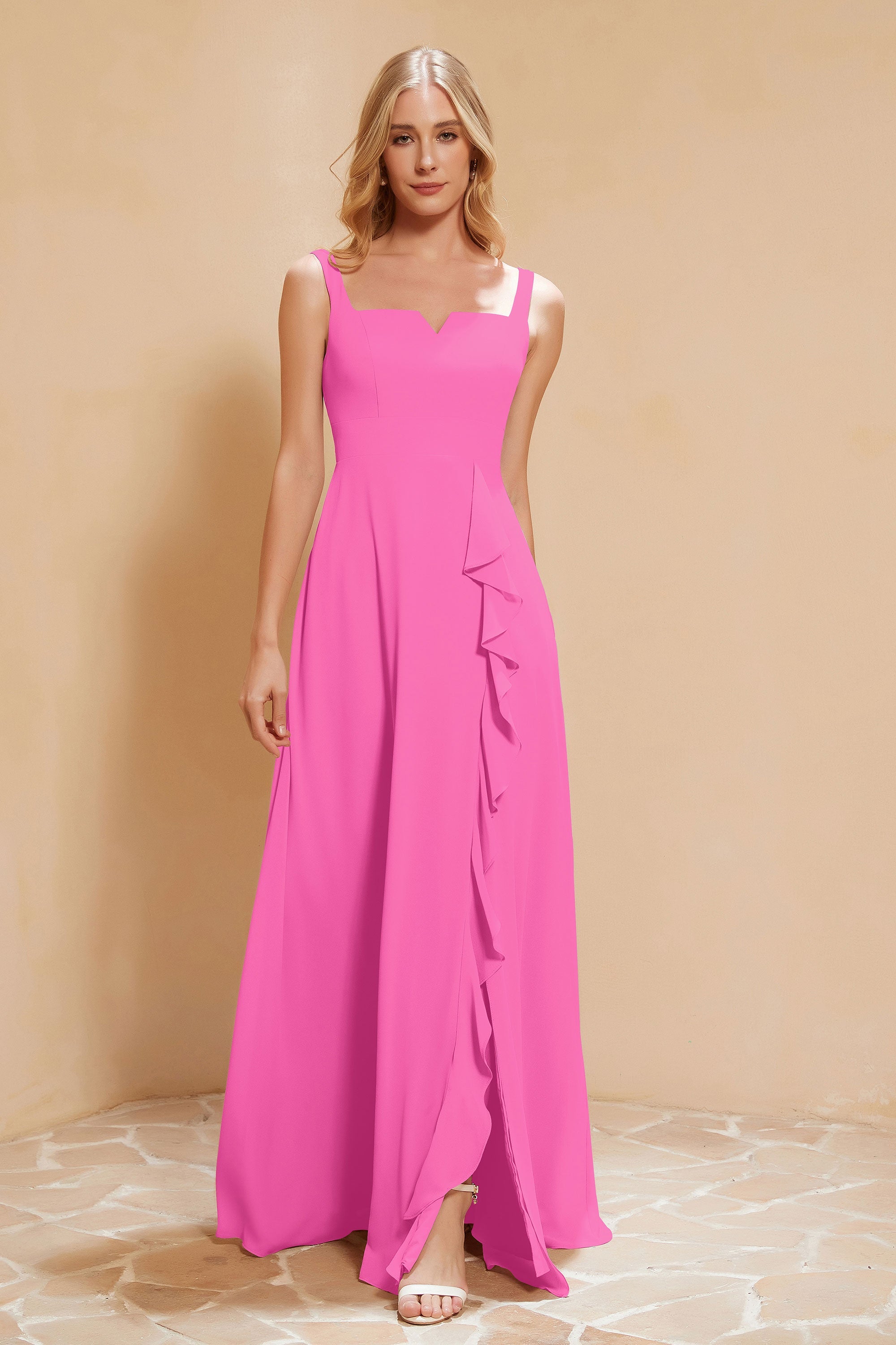 Square Chiffon Sleeveless Bridesmaid Dress Long Formal Evening Dresses with Slit