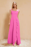 Square Chiffon Sleeveless Bridesmaid Dress Long Formal Evening Dresses with Slit