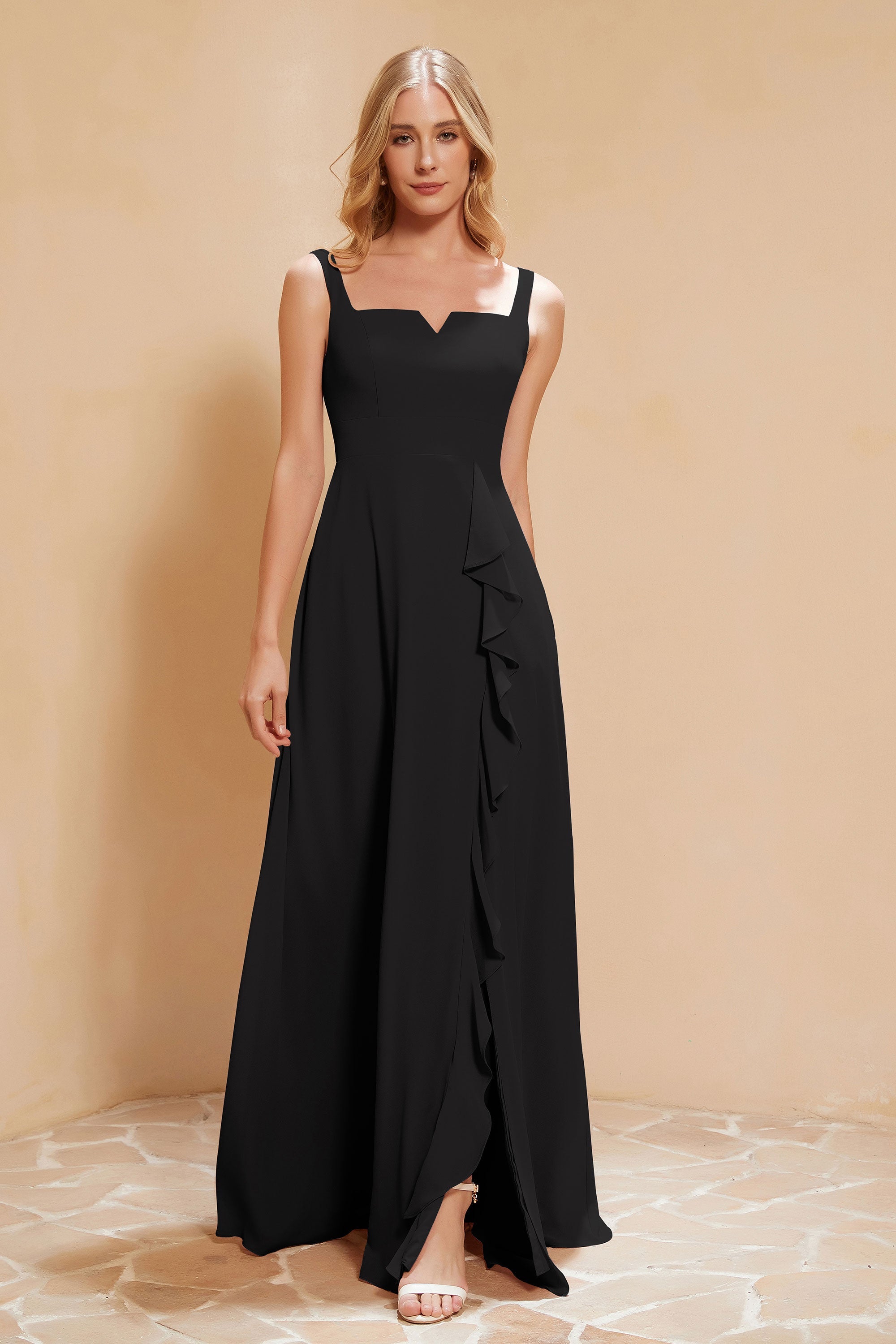 Square Chiffon Sleeveless Bridesmaid Dress Long Formal Evening Dresses with Slit