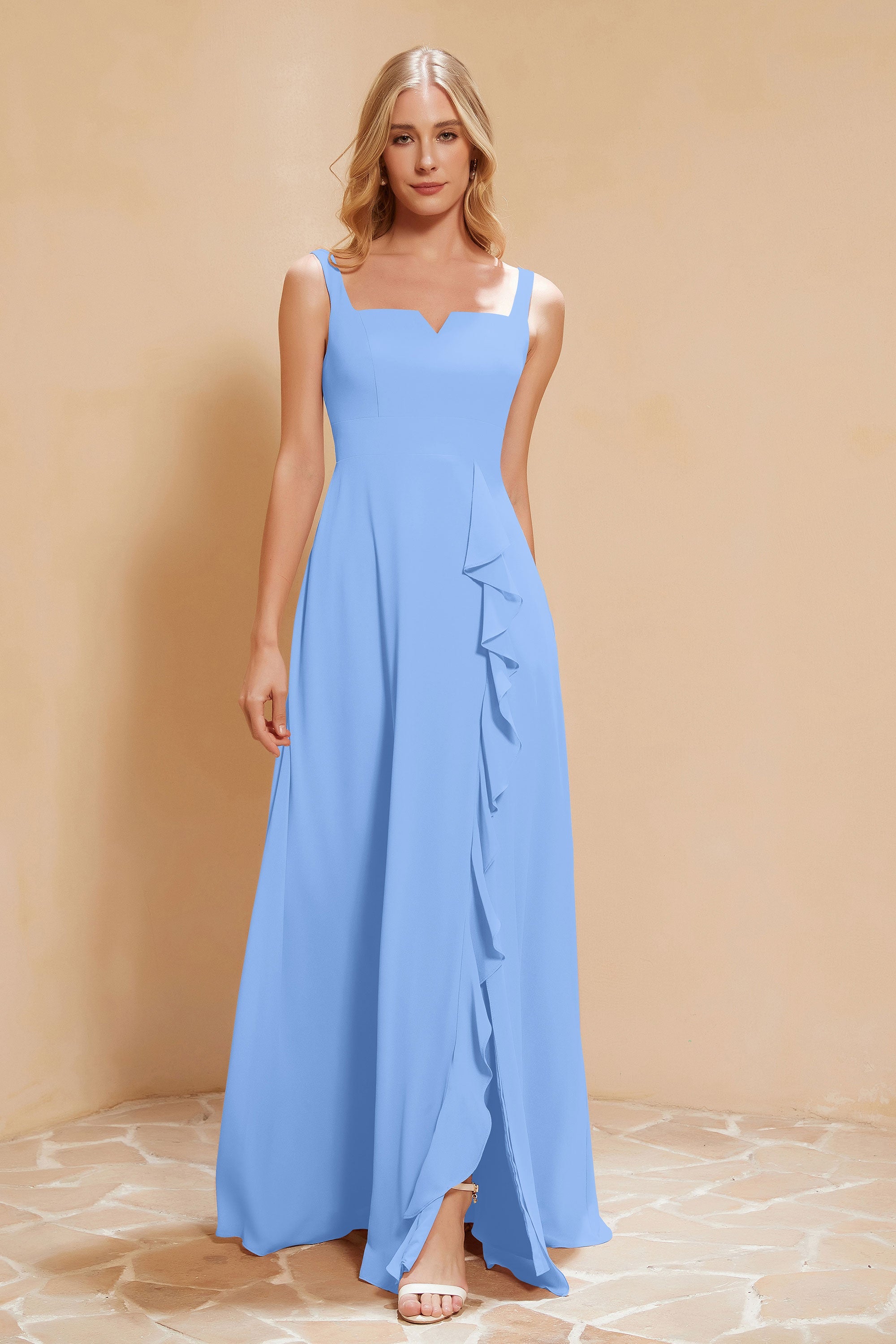 Square Chiffon Sleeveless Bridesmaid Dress Long Formal Evening Dresses with Slit