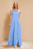 Square Chiffon Sleeveless Bridesmaid Dress Long Formal Evening Dresses with Slit
