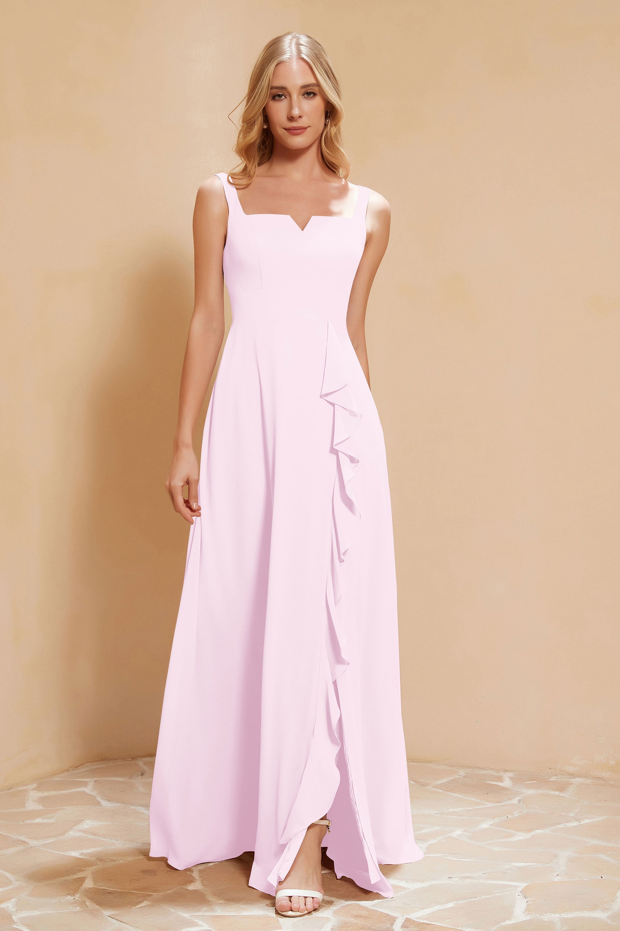 Square Chiffon Sleeveless Bridesmaid Dress Long Formal Evening Dresses with Slit