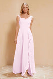 Square Chiffon Sleeveless Bridesmaid Dress Long Formal Evening Dresses with Slit